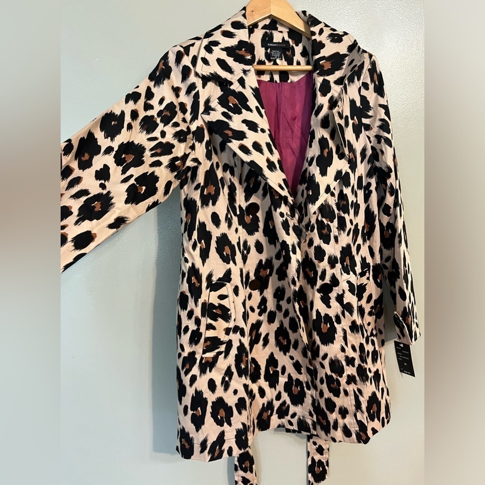 Robert Louis Womens Cotton Animal Print Tan Black Trench Coat Belted M NWT